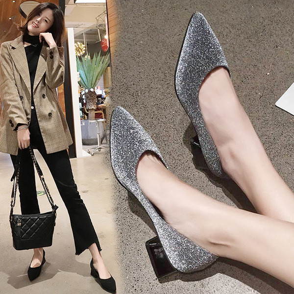 Pantofi moderni de dama cu toc gros si efect stralucitor in mai multe culori