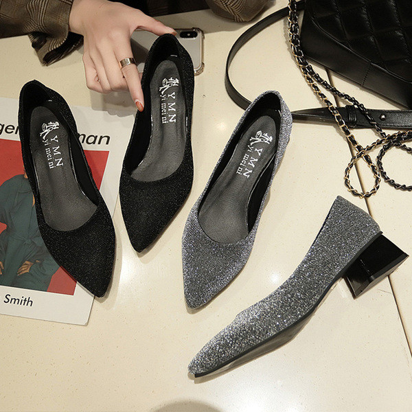 Pantofi moderni de dama cu toc gros si efect stralucitor in mai multe culori