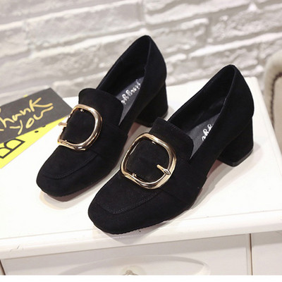 Pantofi moderni de dama cu toc gros si decor metalic in doua culori