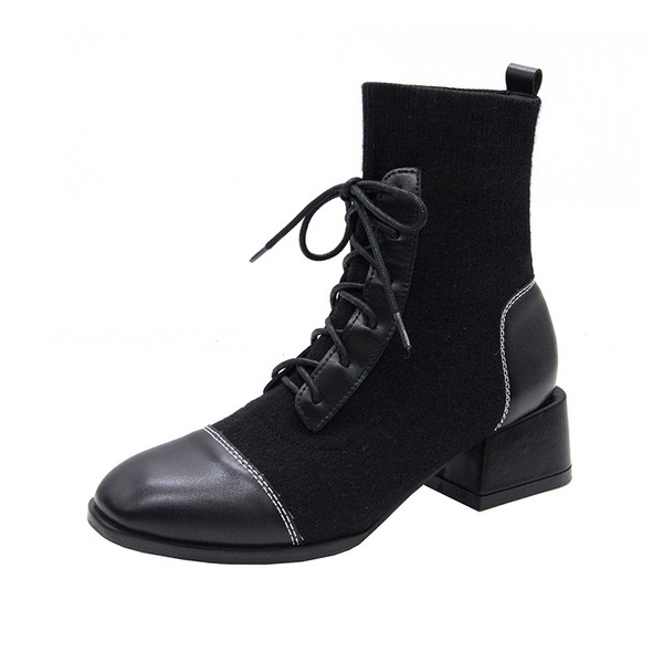 Ghete de dama moderne cu sireturi si toc gros in negru