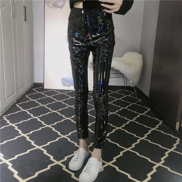 Pantaloni lungi de dama cu talie inalta de culoare neagra