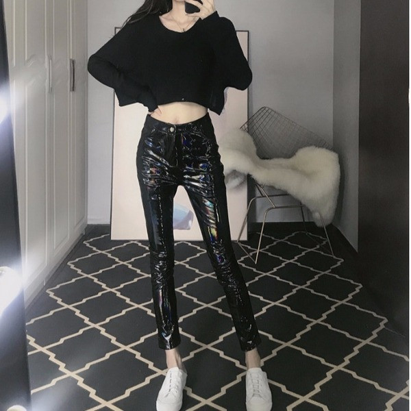 Pantaloni lungi de dama cu talie inalta de culoare neagra