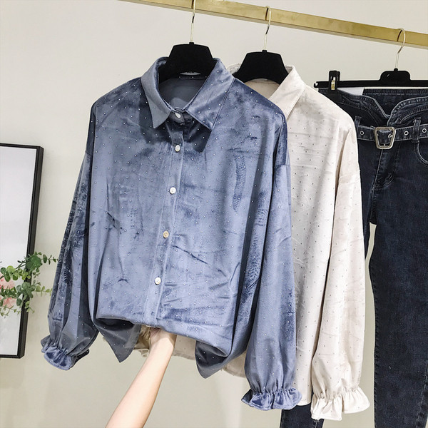 Camasa de dama model nou cu efect stralucitor in albastru si bej