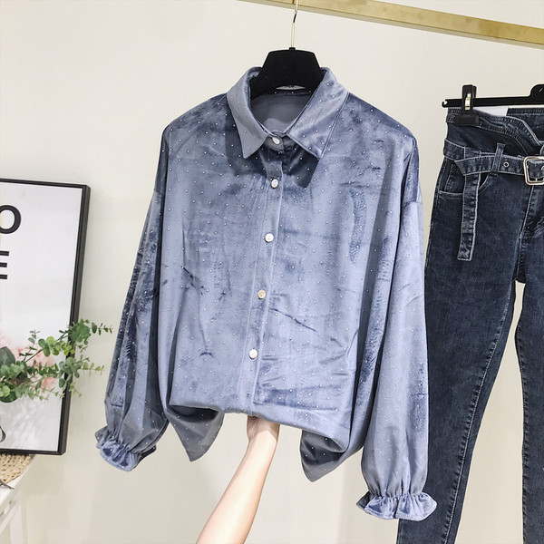 Camasa de dama model nou cu efect stralucitor in albastru si bej