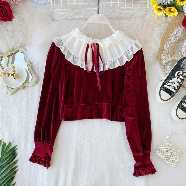 Cămașă de damă elegantă din catifea în negru și visiniu