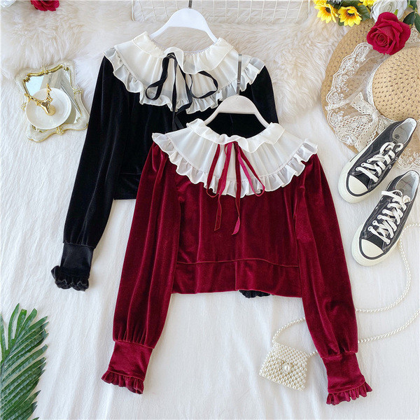 Cămașă de damă elegantă din catifea în negru și visiniu