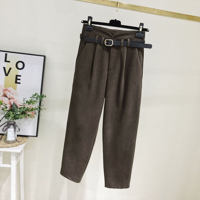 Pantaloni moderni de dama cu talie inalta si curea in gri si maro