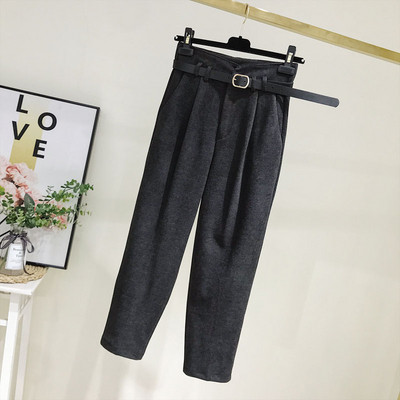 Pantaloni moderni de dama cu talie inalta si curea in gri si maro