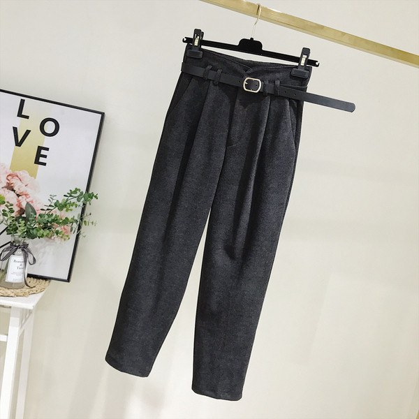 Pantaloni moderni de dama cu talie inalta si curea in gri si maro