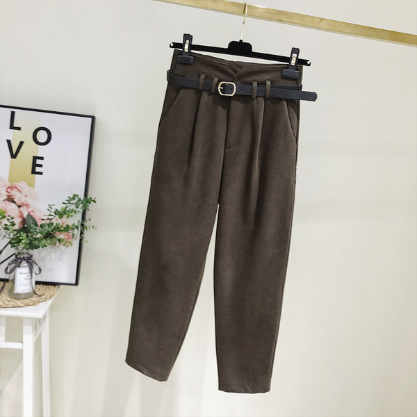 Pantaloni moderni de dama cu talie inalta si curea in gri si maro