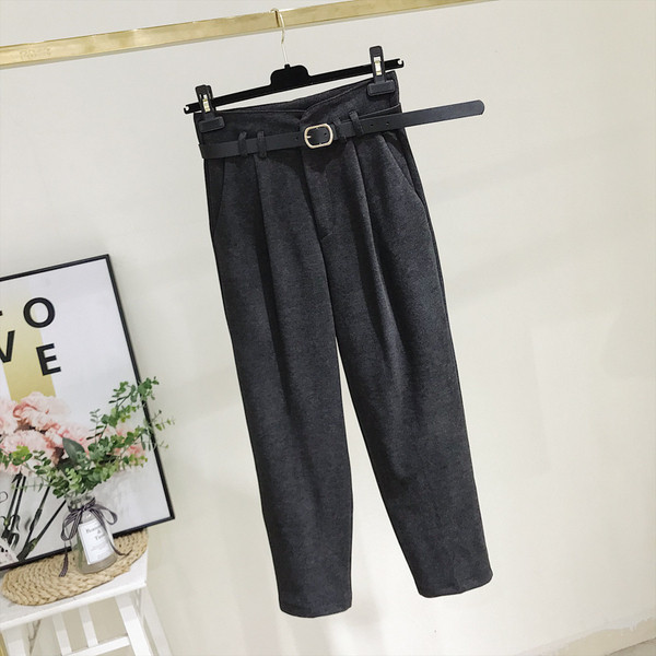 Pantaloni moderni de dama cu talie inalta si curea in gri si maro