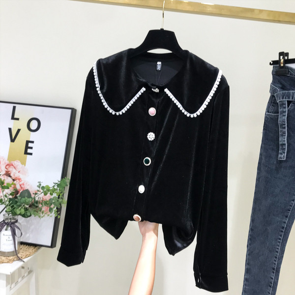 Új modell női bársony ing hosszú ujjú fekete és kék színben