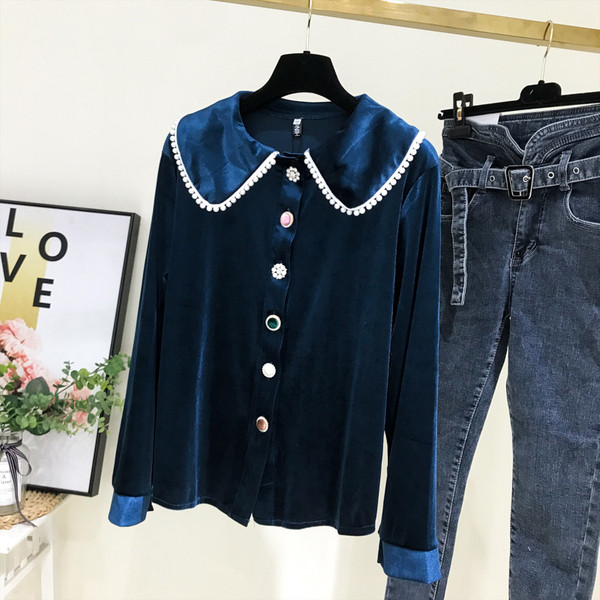 Új modell női bársony ing hosszú ujjú fekete és kék színben