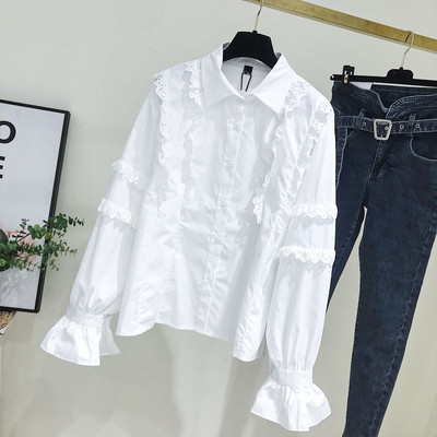 Cămașă modernă de damă cu guler clasic și mâneci lotus în alb