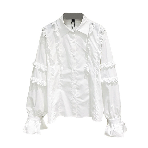 Cămașă modernă de damă cu guler clasic și mâneci lotus în alb