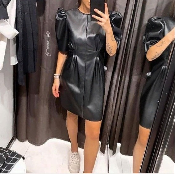 Modern női rövid bőr ruha rövid ujjú fekete színben