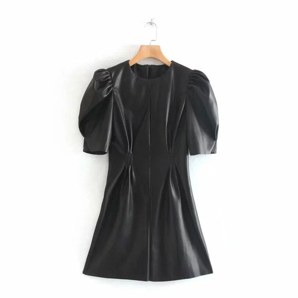 Modern női rövid bőr ruha rövid ujjú fekete színben