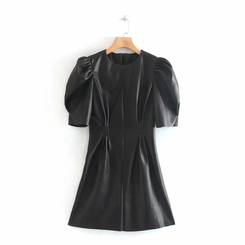 Modern női rövid bőr ruha rövid ujjú fekete színben