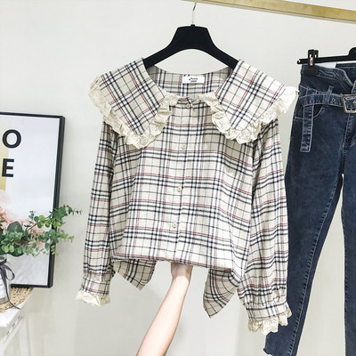 Cămașă modernă de damă în carouri cu nasturi în maro și albastru