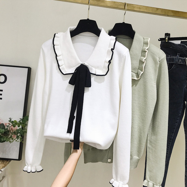 Cardigan de dama model nou cu cravate in alb si verde