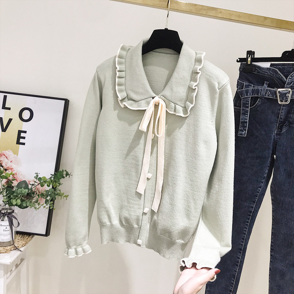 Cardigan de dama model nou cu cravate in alb si verde