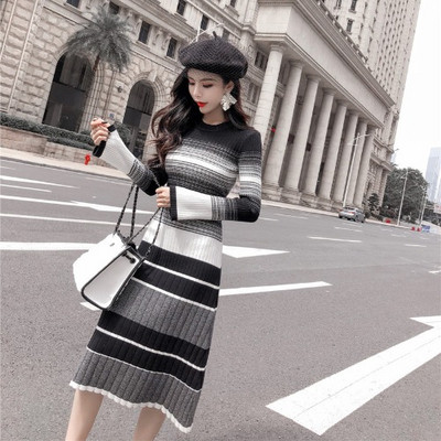 Μακρύ πλεκτό γυναικείο φόρεμα σε δύο χρώματα