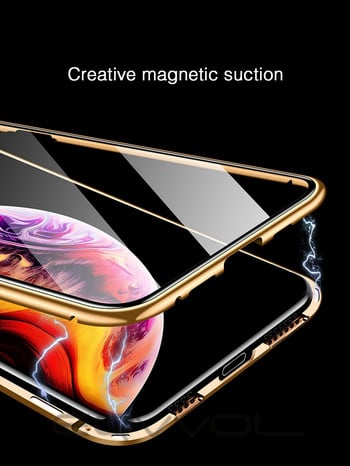 Магнитен калъф включващ предно и задно стъкло за iPhone XS Max в златист цвят