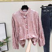 Cămașă de damă modernă din catifea cu nasturi în roz și alb