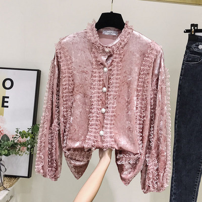 Cămașă de damă modernă din catifea cu nasturi în roz și alb