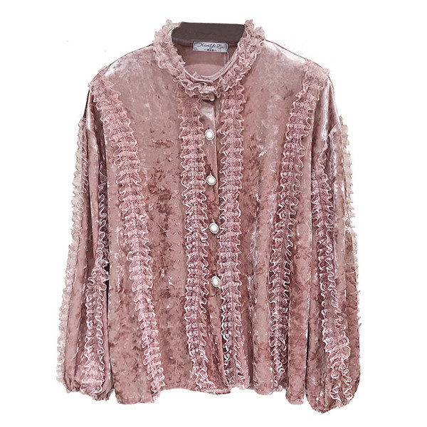 Cămașă de damă modernă din catifea cu nasturi în roz și alb