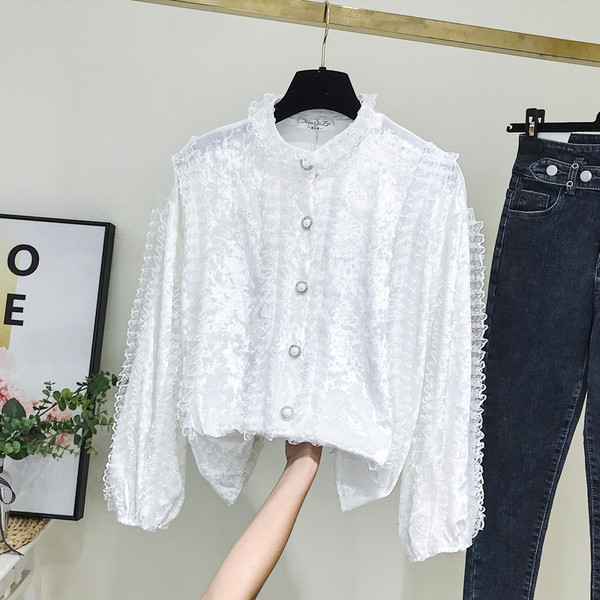 Cămașă de damă modernă din catifea cu nasturi în roz și alb