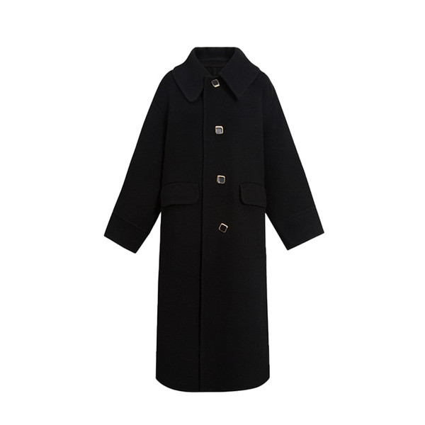 Modern, klasszikus női hosszú kabát, fekete gombokkal és zsebekkel