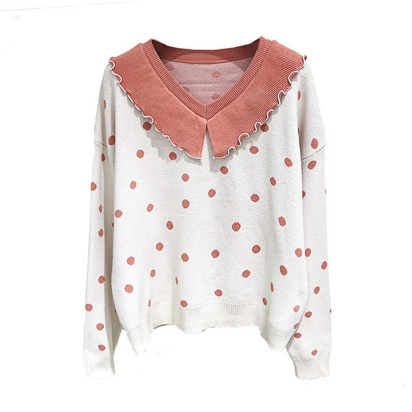 Pulover de damă actual cu buline și decolteu spitz în roz și verde