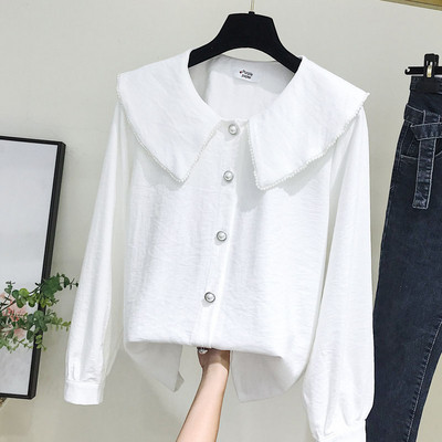 Camasa de dama model nou cu decolteu rotund si nasturi in alb si maro