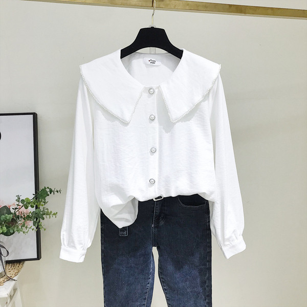 Camasa de dama model nou cu decolteu rotund si nasturi in alb si maro