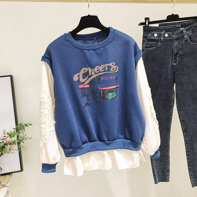 Bluză casual de damă cu decolteu rotund și aplicație în maro și albastru