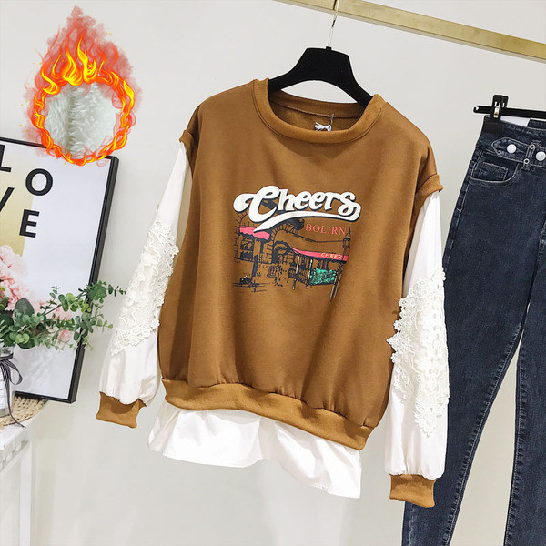 Bluză casual de damă cu decolteu rotund și aplicație în maro și albastru