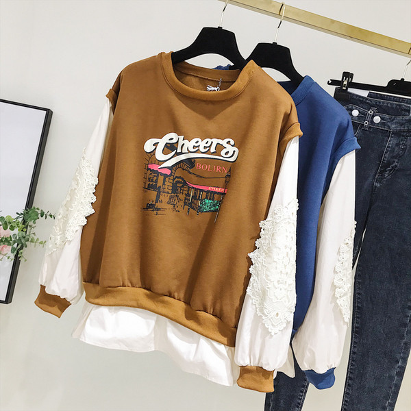 Bluză casual de damă cu decolteu rotund și aplicație în maro și albastru