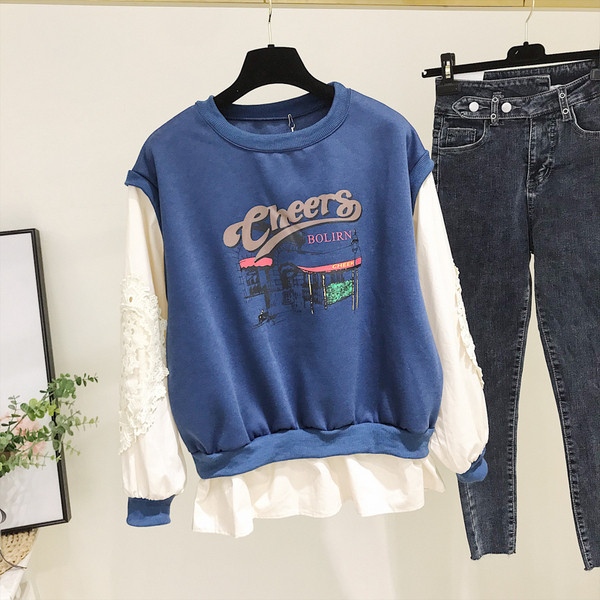 Bluză casual de damă cu decolteu rotund și aplicație în maro și albastru