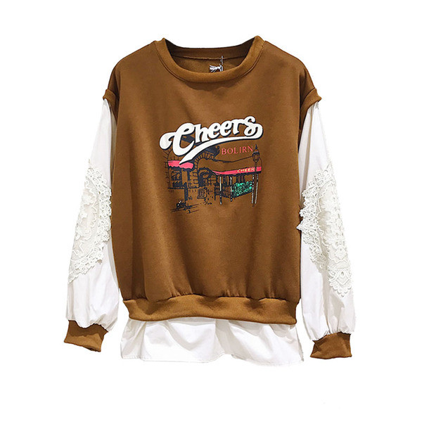 Bluză casual de damă cu decolteu rotund și aplicație în maro și albastru