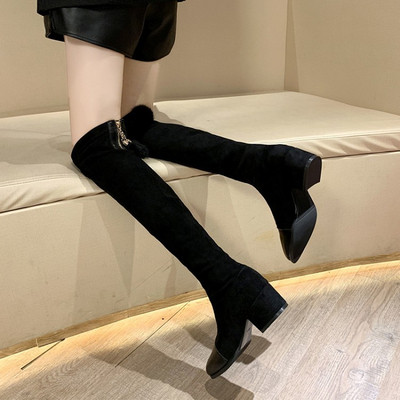 Cizme de dama stilate din piele intoarsa ecologica de culoare neagra cu toc gros