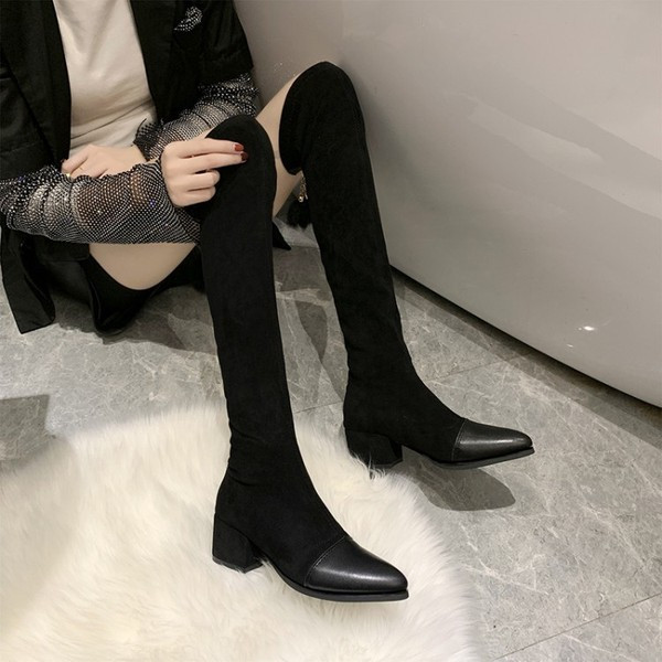 Cizme de dama stilate din piele intoarsa ecologica de culoare neagra cu toc gros