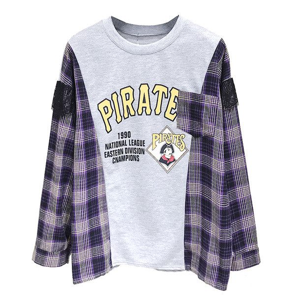 Bluză casual de damă cu decolteu O, aplicație și mâneci în carouri