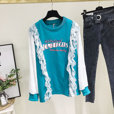 Bluza casual de dama cu aplicatie si dantela in albastru si roz