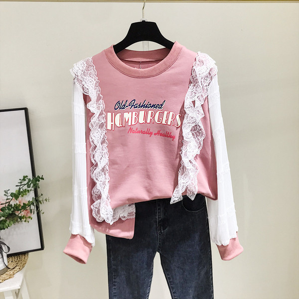 Bluza casual de dama cu aplicatie si dantela in albastru si roz