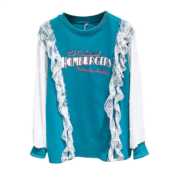 Bluza casual de dama cu aplicatie si dantela in albastru si roz