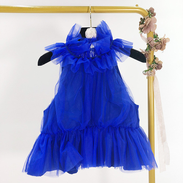 Top modern cu guler înalt din tul de culoare albastră