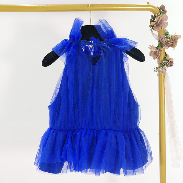 Top modern cu guler înalt din tul de culoare albastră