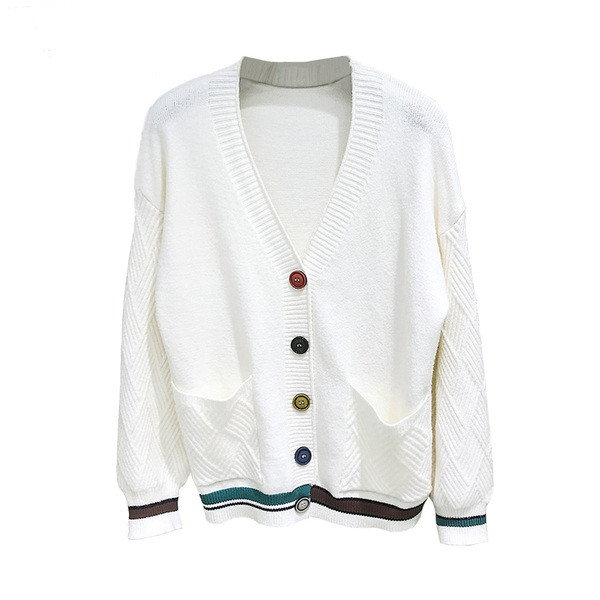 Актуална дамска жилетка с шпиц деколте и цветни копчета в бял,жълт и бежов цвят