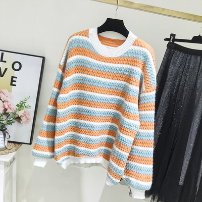 Pulover de dama in dungi model nou cu decolteu rotund in portocaliu si verde